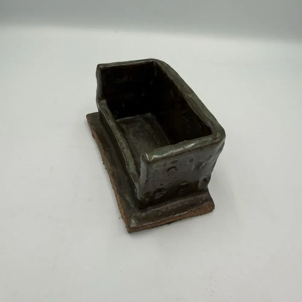 Handmade Studio Pottery Ceramic Business Card Holder Desk Organizer Green Glaze